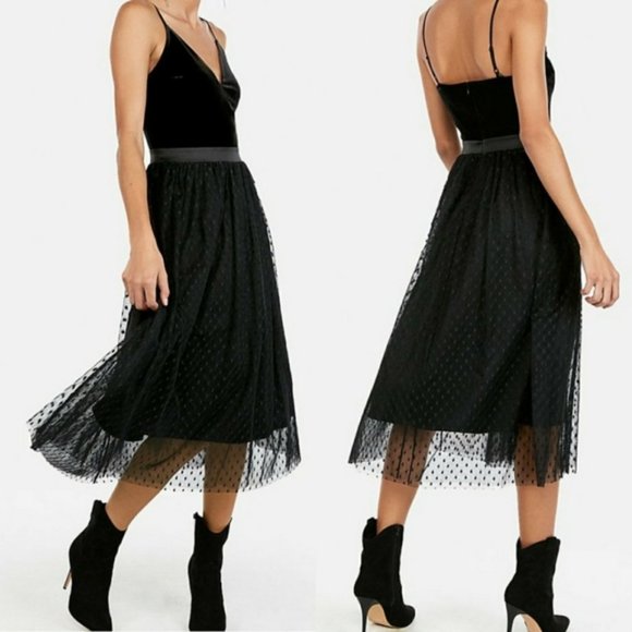 Express Dresses & Skirts - Express Velvet Bodice Polka Dot Tulle Midi Dress Black Party Formal Classic S